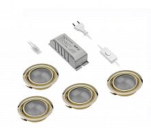 Комплект из 4-х галогенных светильников WP-4 золото 4*20W, G4, IP 20 матовое стекло, 4 лампы, с блоком питания 220/12V и сетевым шнуром 2м — купить оптом и в розницу в интернет магазине GTV-Meridian.